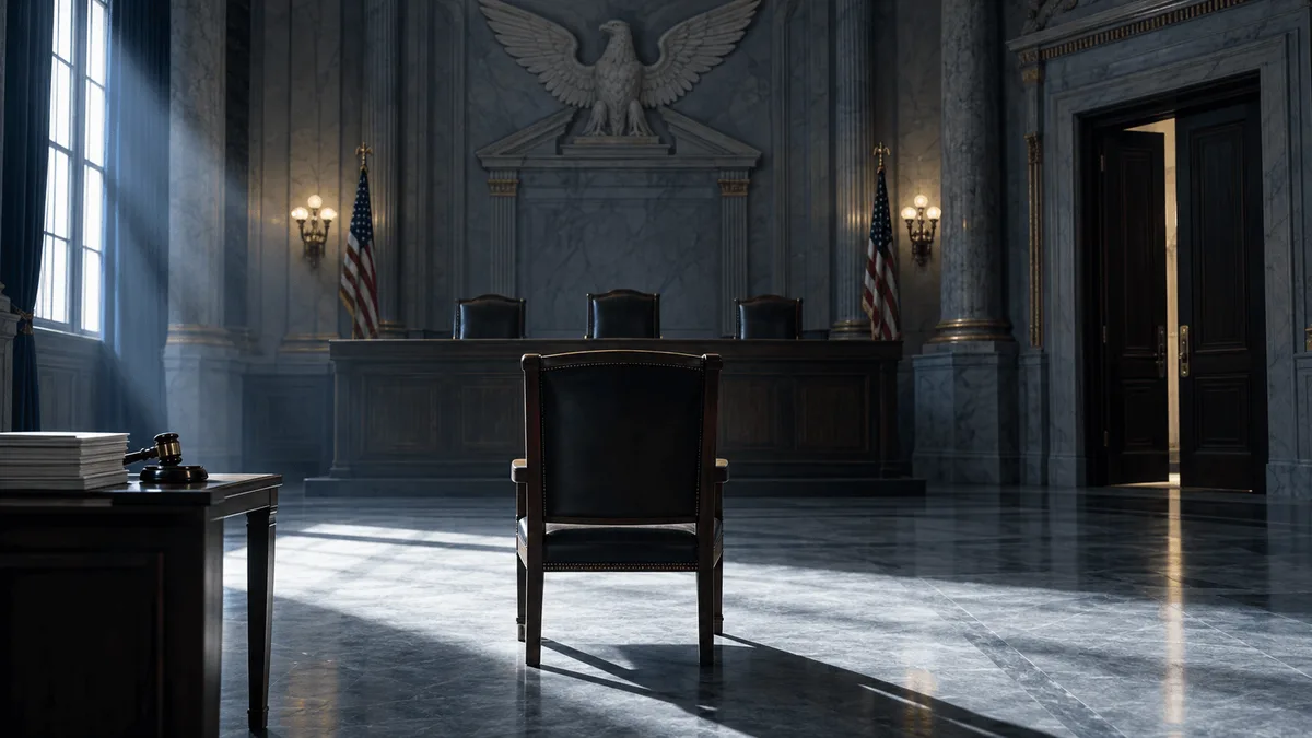 An empty chair faces three chairs arranged opposite it in a formal, shadowed chamber, evoking a closed-door institutional hearing.