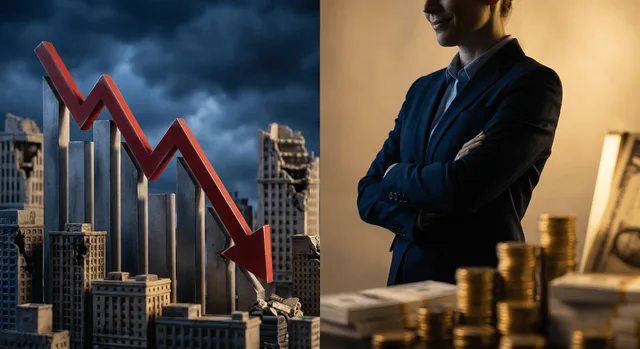 A dramatic split-screen scene showing a stock market graph with a bold red arrow plunging downward, while a figure in a suit stands confidently with arms crossed, watching the decline with a slight smile.