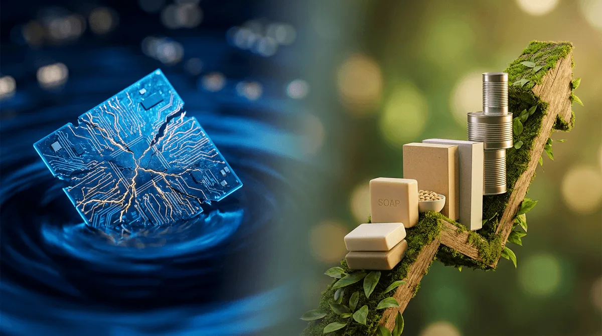 A split-screen composition showing a dramatic visual contrast: on one side, a glowing blue microchip or semiconductor circuit board cracking and sinking downward, and on the other side, everyday consumer staples products like soap, cereal b