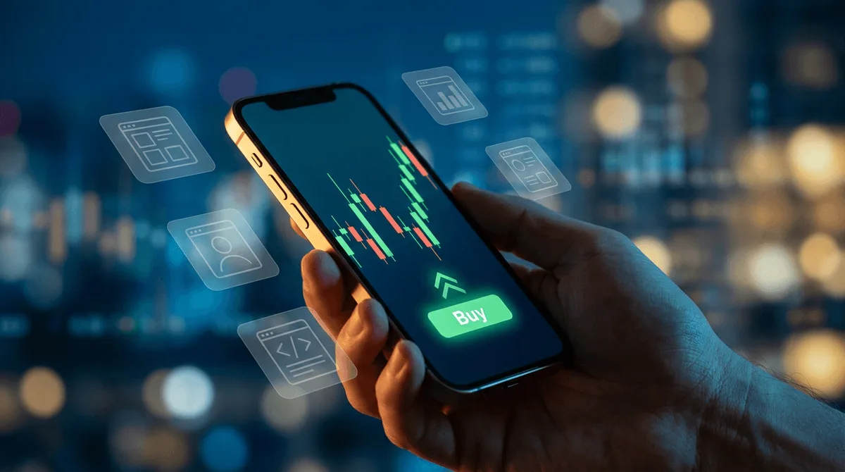 A close-up of a smartphone held in one hand, its screen glowing with a stock chart, green/red candlesticks, and a "Buy" button, set against a softly blurred background of financial data or city lights.