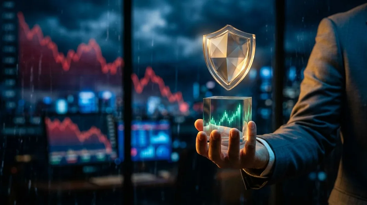 A confident investor's hand holds a luminous green upward-trending stock chart while a transparent protective shield hovers over it, symbolizing security against market volatility.