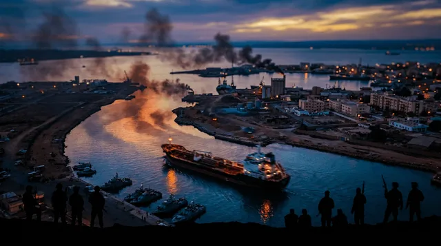 A dramatic aerial view of a Red Sea coastal port city at dusk, with plumes of smoke rising over harbor structures and a strategic strait visible in the distance, framed by silhouettes of military boats and armed fighters along the shoreline