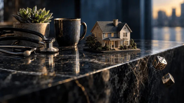 A still-life on a reflective dark marble counter: a weathered stethoscope coiled beside a small potted succulent and a ceramic mug, with a miniature architectural model of a house set slightly apart under cool, even light.