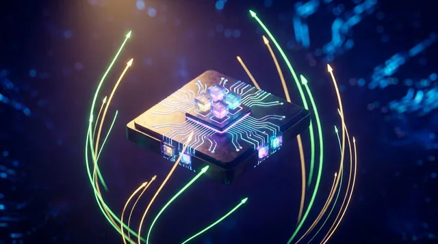 A glowing quantum computer processor floats against a deep space-like background of electric blue and violet, with luminous circuit pathways and qubits pulsing with energy.