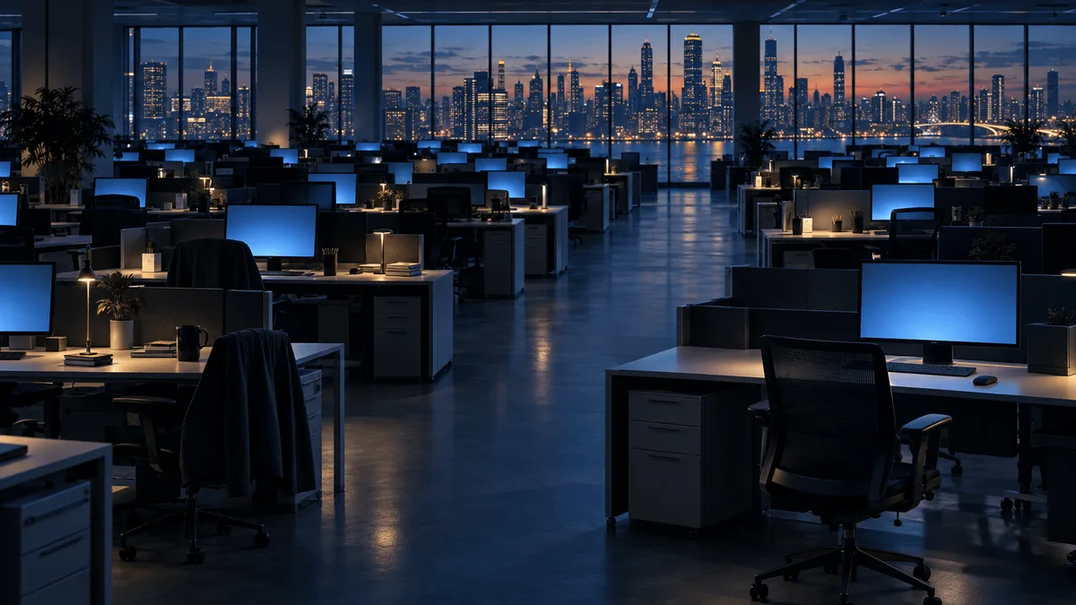 Wide view of a large, dim open-plan office at dusk with many empty desks and monitors glowing, a few chairs neatly pushed in among ones still in use, city skyline visible through windows.