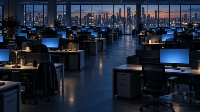 Wide view of a large, dim open-plan office at dusk with many empty desks and monitors glowing, a few chairs neatly pushed in among ones still in use, city skyline visible through windows.