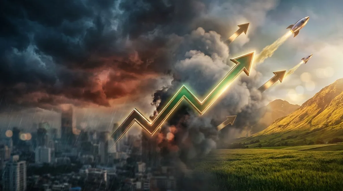 A dramatic split-screen composition showing a stormy, turbulent sky on one side representing fearful investors, contrasted against a bright, upward-trending landscape on the other side where individual rockets or arrows break through the clouds. In the center of the divide, a stock chart line boldly climbs upward against the chaos, symbolizing strong individual stocks defying the broader market sentiment. The color palette transitions from dark, ominous grays and reds on the pessimistic side to