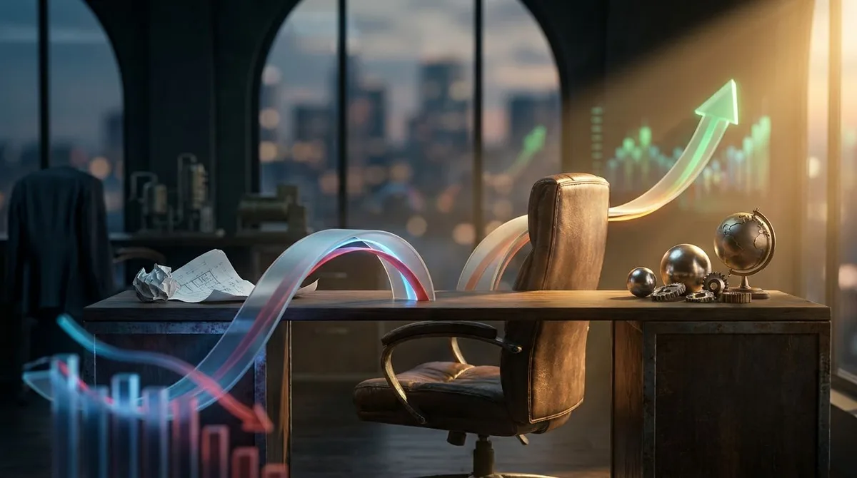 A trader sits at a desk with two paths diverging before them — one leading toward a rising green chart, the other toward a falling red chart — while they confidently pivot toward the rising one, leaving behind a crumpled piece of paper (their old prediction). The lighting is dramatic, with warm golden light illuminating the path forward and cooler shadows behind. The overall mood conveys freedom and clarity, symbolizing the act of letting go of ego to follow the market's truth.