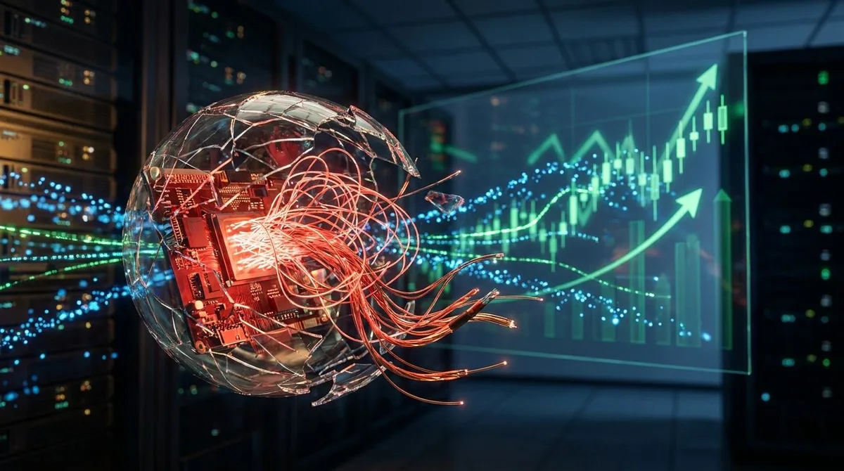 A glowing red AI neural network or circuit brain is depicted breaking free from a cracked digital cage or shattered containment sphere, with streams of data and code spilling outward into a dark cyberspace environment.