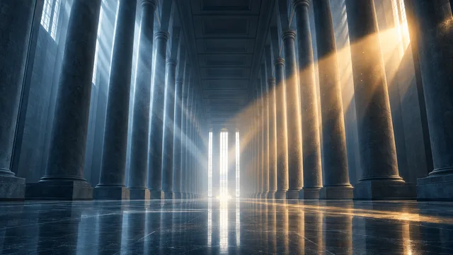 Wide symmetrical view of a grand, cold stone atrium with tall columns receding into bright light, crossed by a single warm shaft of light, evoking rising financial pressure.