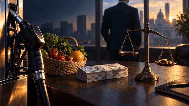 Editorial still-life of a fuel pump nozzle, a basket of fresh produce, and an old brass balance scale beside folded currency on a dark table, with a blurred suited figure near a window in the background, symbolizing inflation, consumer spending, and monetary policy.