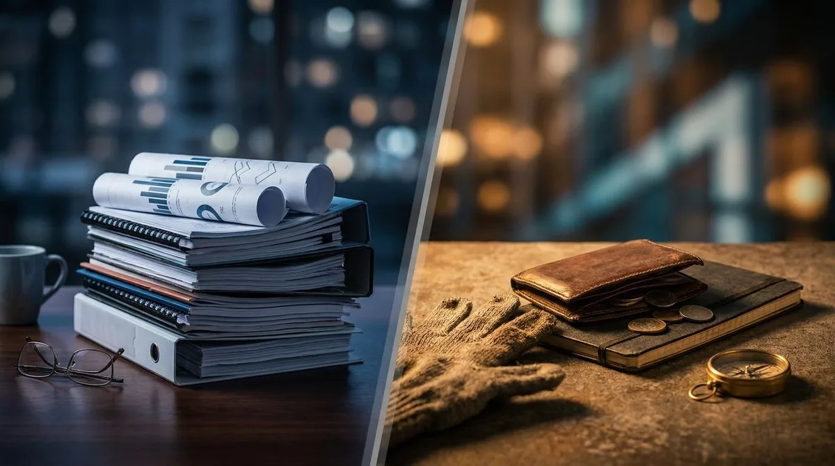 A split-scene image showing two contrasting figures: on one side, a suited analyst surrounded by towering stacks of reports, charts, and documents looking confident but detached; on the other side, a person physically reaching into their own wallet or pocket with determined focus. The visual contrast between paper knowledge and real financial commitment captures the article's core tension between familiarity and true conviction. Dramatic lighting with cool tones on the analyst's side and warmer,