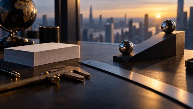 A clean trading desk at dawn: a steel ruler and a pair of brass calipers resting beside a stack of plain white index cards on dark walnut wood, each card edge-aligned like a measured price range.