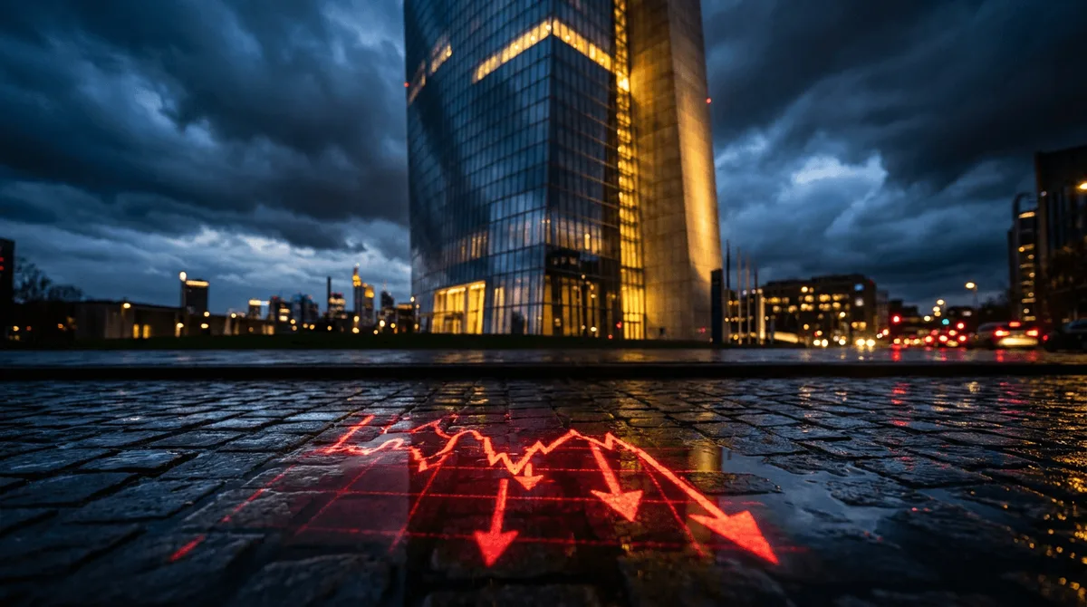 A close-up shot of the European Central Bank's iconic Frankfurt headquarters at dusk, with dramatic storm clouds gathering overhead, casting a tense, foreboding atmosphere.