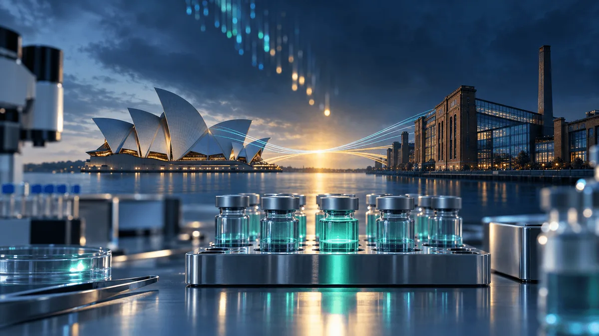 Abstract editorial illustration of two architectural silhouettes—one Australian, one German—converging over a lab bench with a glowing vial rack, symbolizing a pharmaceutical merger, with downward light particles suggesting a stock decline.