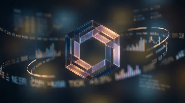 A glowing hexagonal snowflake chart floats against a dark financial dashboard background, with colorful geometric segments radiating outward to represent different stock metrics like growth, value, and health.