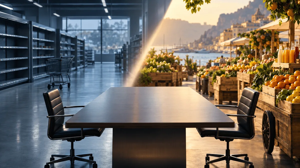 A conceptual split scene contrasting a vibrant, warmly lit international market stall with fruit crates and bottled drinks against a cooler, quieter domestic supermarket aisle, separated by an empty corporate conference table with two chairs in the foreground.