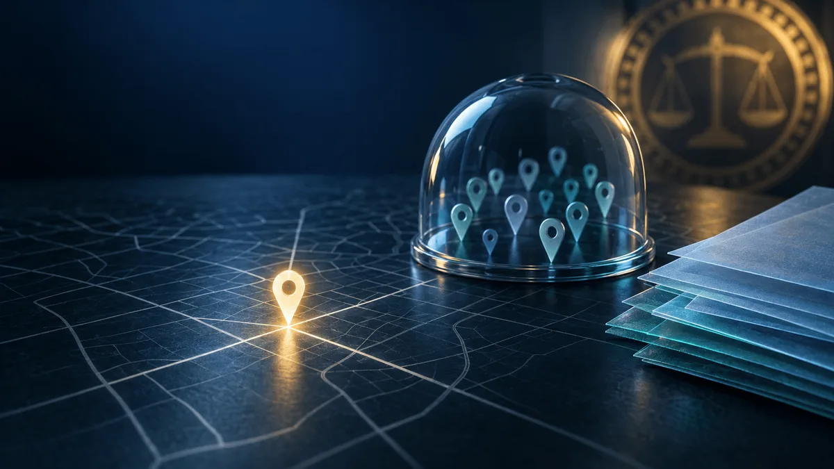 Editorial illustration of a glowing map-pin light on an etched grid table, covered by a glass dome over smaller data markers, with fanned translucent document sheets and a soft golden regulatory seal shape in the background, symbolizing a privacy fine over location data.