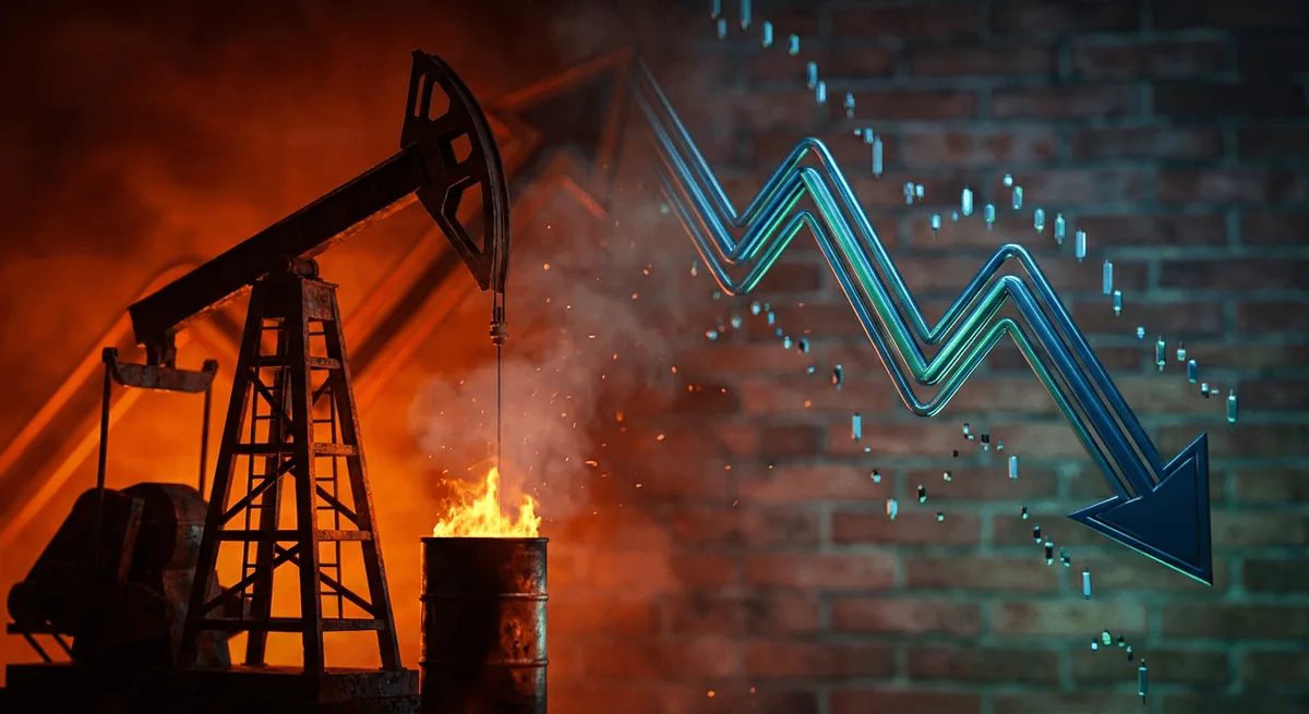 A dramatic split-scene image showing a surging oil barrel or pump jack with flames or an upward arrow on one side, contrasted against a downward-trending stock market graph or falling stock ticker on the other side.