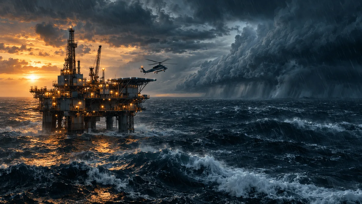 An offshore Gulf of Mexico oil platform at dusk with a helicopter departing as storm clouds and heavy seas approach from the horizon.