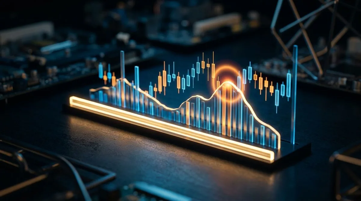 A dramatic close-up of a financial trading chart displaying a glowing horizontal volume profile histogram with distinct bright peaks and valleys running alongside a candlestick price chart, set against a dark background.
