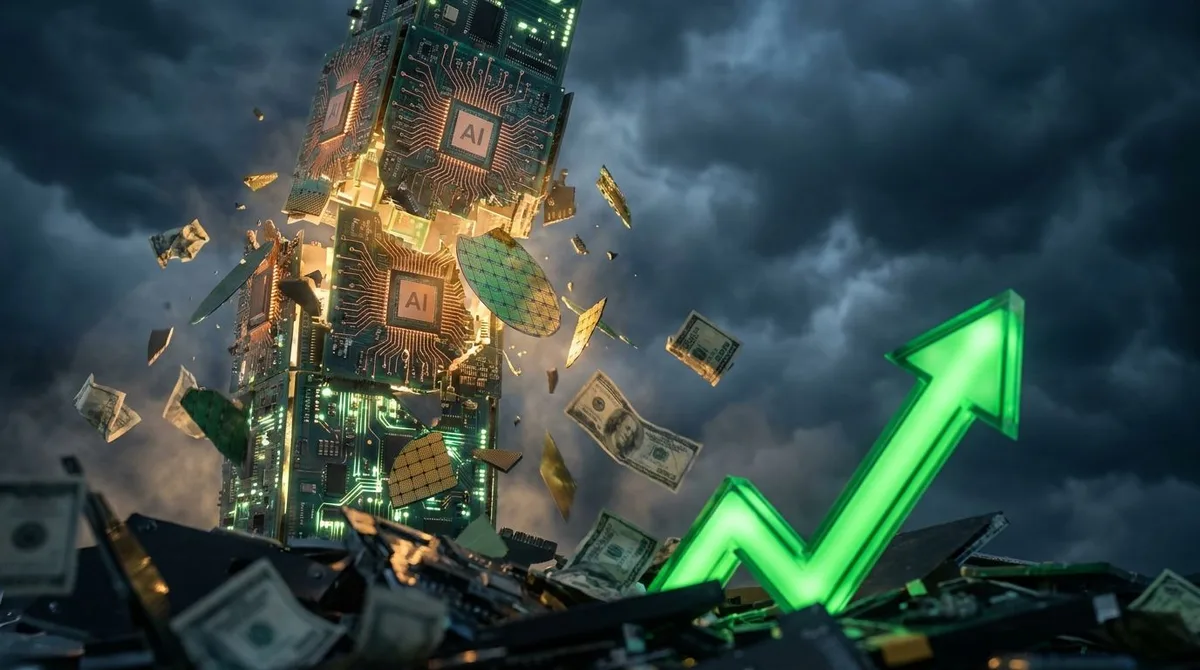A crumbling Wall Street skyscraper made of glowing circuit boards and AI microchips, mid-collapse, with shards of silicon and dollar bills cascading downward against a dark stormy sky.