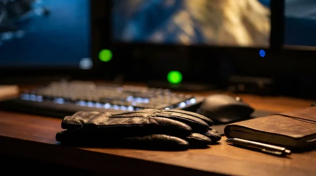 A trader sits calmly at a desk with multiple stock charts on screens, deliberately leaning back with arms crossed rather than reaching for the keyboard — conveying confident restraint. On one screen, a glowing green signal or alert flashes temptingly, while the trader's composed posture suggests a conscious, disciplined choice not to act. The mood is cool and controlled, emphasizing that wisdom in trading sometimes means knowing when to step away.