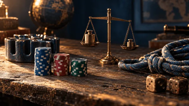 A single ceramic poker chip rack sits on a weathered wooden desk, three stacks of chips measured out in deliberately uneven heights beside a small brass balance scale holding two unequal weights in equilibrium.
