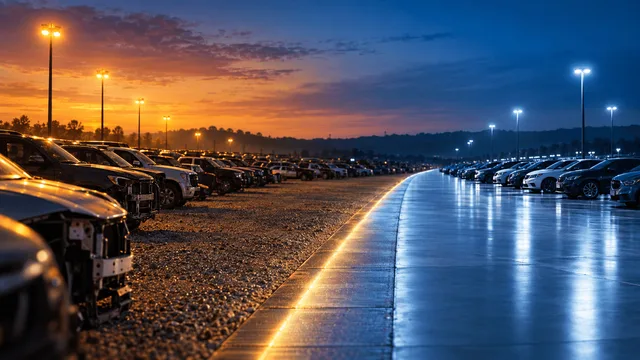 A wide vehicle storage yard split between warm amber-lit gravel rows of vehicles and a cool blue polished concrete section, meeting along a diagonal illuminated seam under a dusk sky.