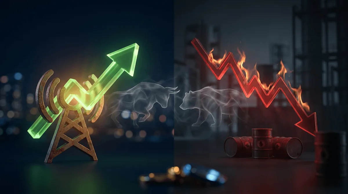 A dramatic split-screen composition: on one side, a glowing green upward arrow bursting through a communications/broadcast tower icon, radiating light against a dark navy background; on the other side, a red downward-trending stock chart li