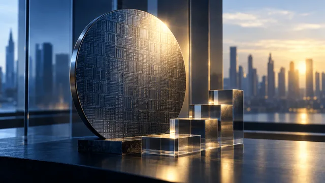 A stylized silicon wafer etched with circuit patterns stands upright near stacked glass blocks, set against a softly lit boardroom and distant city skyline, symbolizing technology growth and financial strength.