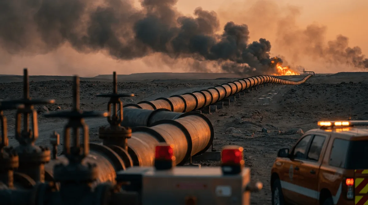 A vast desert pipeline stretching toward the horizon under a smoke-filled orange sky, with visible flames and dark plumes rising from a damaged section in the distance.
