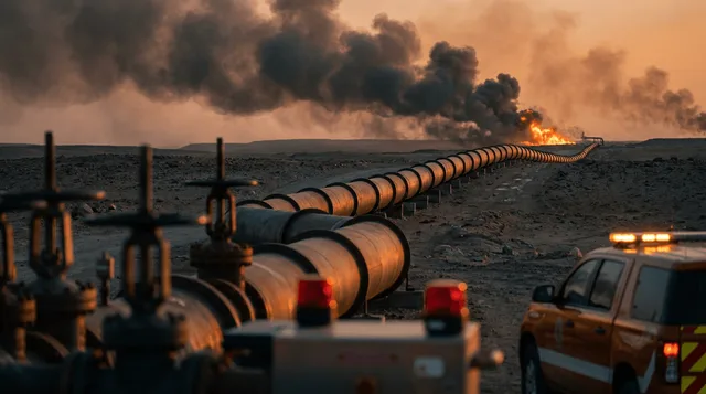 A vast desert pipeline stretching toward the horizon under a smoke-filled orange sky, with visible flames and dark plumes rising from a damaged section in the distance.