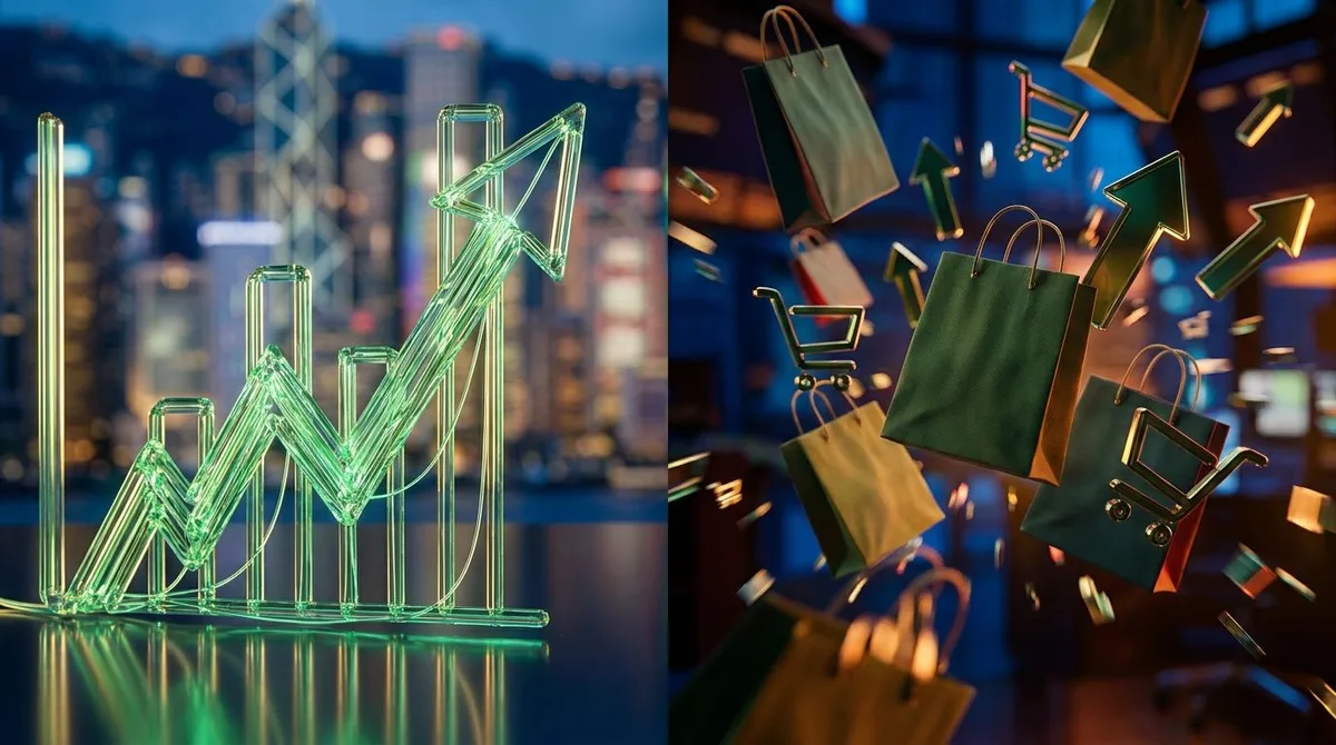 A dynamic split-scene image showing an upward-trending green stock chart or ticker display on one side, with shopping bags or consumer retail symbols bursting upward in bold, energetic motion on the other.