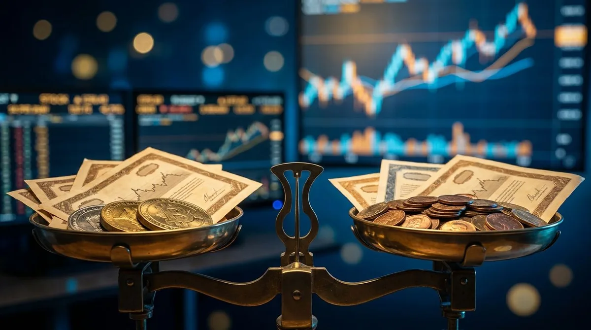 A split-screen trading display shows two stocks side by side — one with a high share price and one with a low share price — with a large balance scale centered between them, visually equalizing their true worth.