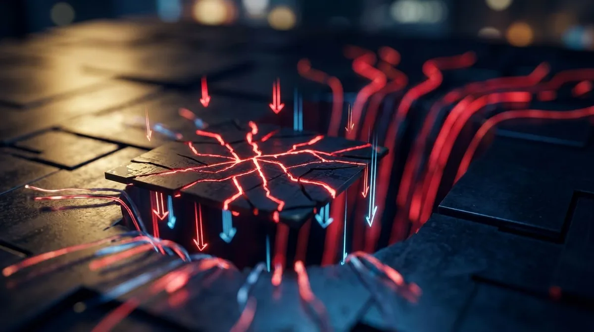 A cracked or shattered microchip with the Samsung logo subtly embedded sits at the center of the frame, with red downward-trending stock chart arrows cascading around it against a dark background.