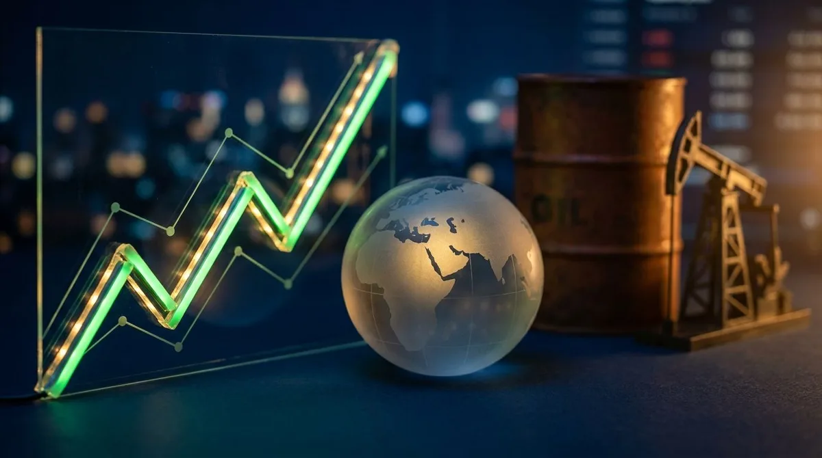 A split-scene composition showing a rising stock market graph with green upward-trending lines on one side, and an oil barrel or derrick fading into the background on the other, symbolizing the inverse relationship between the Iran deal and