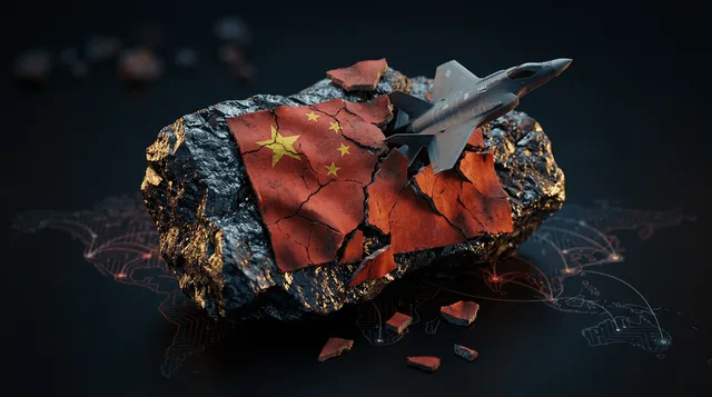 A cracked Chinese flag is embedded into a dark, metallic rare earth magnet, with fragments breaking away to reveal an American military fighter jet (F-35) emerging from behind it.