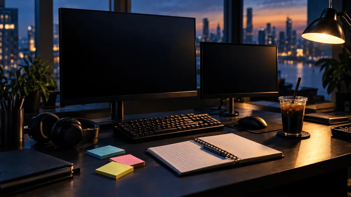 A single large trading desk monitor stands beside a smaller secondary screen, both dark and blank, with a mechanical keyboard, a mouse, and a pair of over-ear headphones resting nearby.