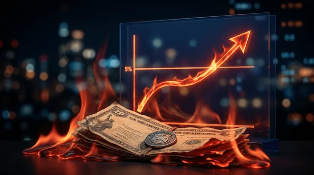 A dramatic upward-trending yield curve graph rendered in glowing red and orange tones against a dark background, with a bold arrow piercing through the 5% threshold line.