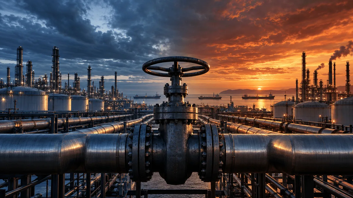 A large industrial refinery with pipelines converging on a central oversized valve wheel, set against a dusk sky split between cool blue and warm amber tones, with distant tankers waiting in harbor.