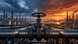 A large industrial refinery with pipelines converging on a central oversized valve wheel, set against a dusk sky split between cool blue and warm amber tones, with distant tankers waiting in harbor.
