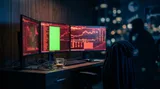 A frustrated trader sits hunched over multiple monitors displaying red candlestick charts and downward-trending graphs, with a shadowy figure of Elon Musk looming in the background like a market phantom. The scene captures the tension of a fake-out reversal — one bright green candle briefly illuminating the screens before being swallowed by red. The dramatic contrast between false hope and harsh market reality is conveyed through sharp lighting, with the glowing screens casting an eerie mix of g