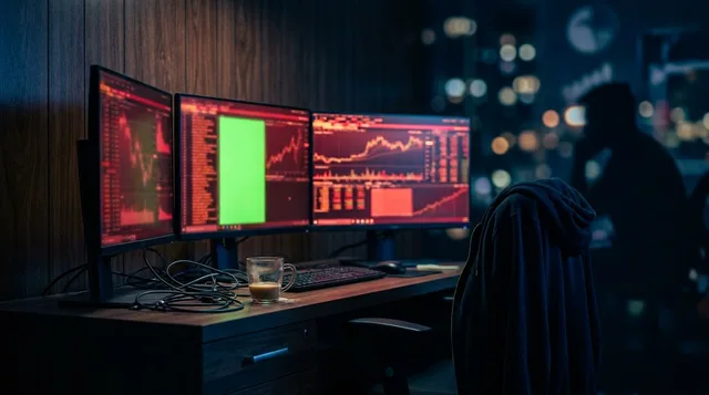 A frustrated trader sits hunched over multiple monitors displaying red candlestick charts and downward-trending graphs, with a shadowy figure of Elon Musk looming in the background like a market phantom. The scene captures the tension of a fake-out reversal — one bright green candle briefly illuminating the screens before being swallowed by red. The dramatic contrast between false hope and harsh market reality is conveyed through sharp lighting, with the glowing screens casting an eerie mix of g