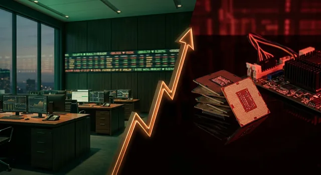 A split-screen composition showing the New York Stock Exchange trading floor on one side bathed in warm green light, contrasting sharply with a cluster of glowing semiconductor microchips on the other side cast in deep red.