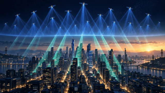 Conceptual illustration of satellite signal beams descending from space through a translucent atmospheric layer to penetrate a city skyline at dawn, symbolizing a new low-band coverage layer supporting satellite-to-phone connectivity.