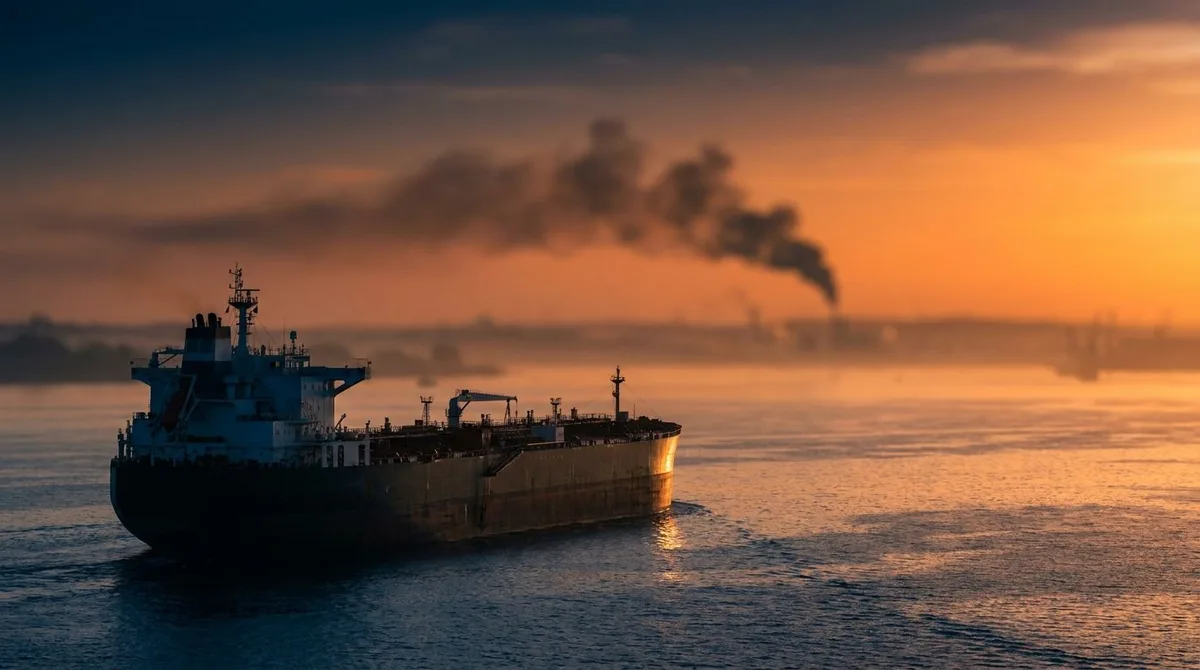 A massive oil supertanker navigates through the narrow, haze-filled waters of the Strait of Hormuz at dusk, with dark smoke billowing on the horizon suggesting distant conflict.