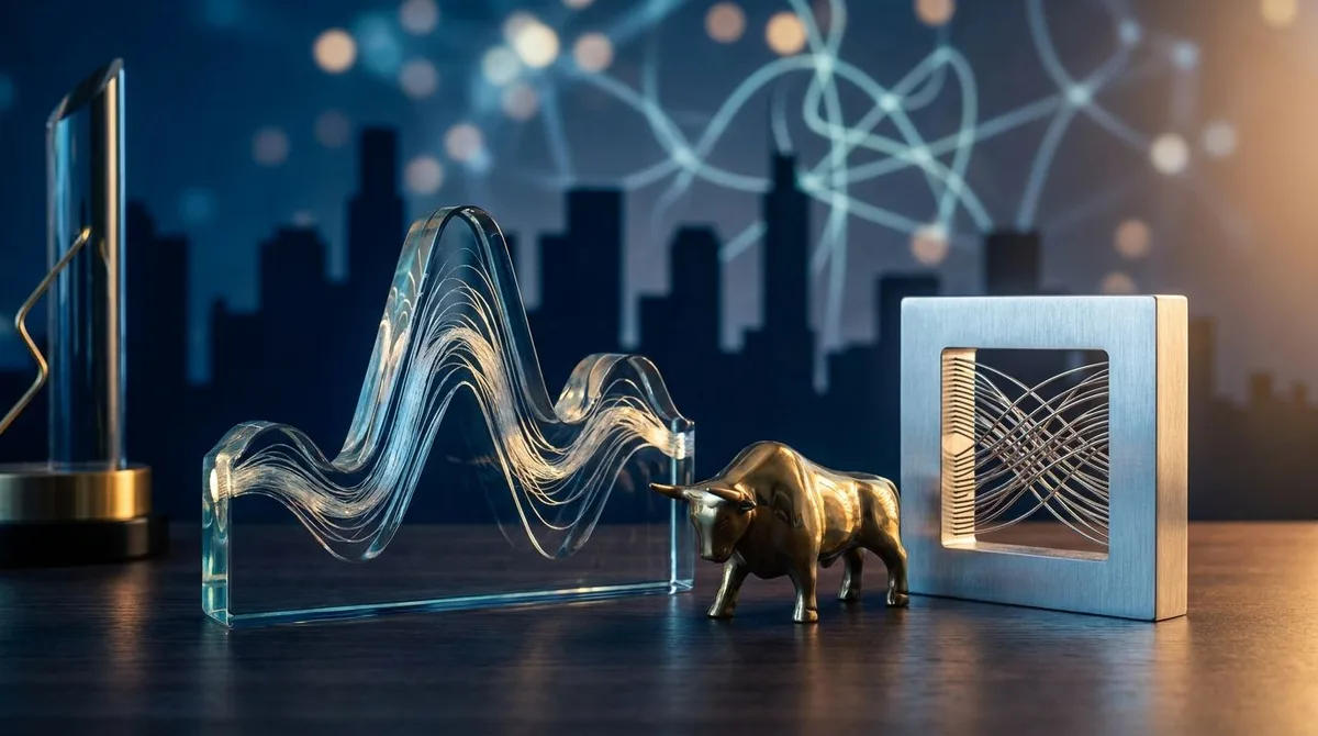 A sleek, dark-themed financial dashboard fills the screen, displaying cascading streams of real-time stock tickers, bond yield curves, and glowing green and red market data across multiple monitors.