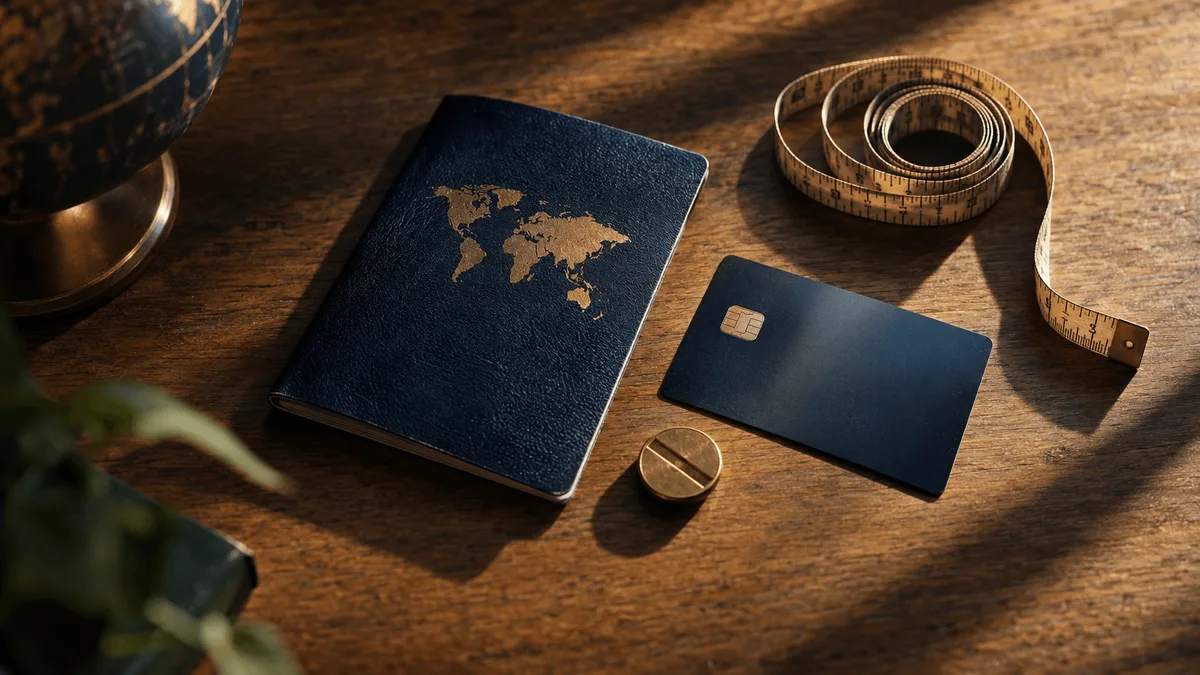 Overhead shot on a plain oak desk: a leather passport, a matte credit card, and a small brass turnstile token arranged beside a coiled measuring tape, lit by soft window light with long shadows suggesting scale and quiet risk.