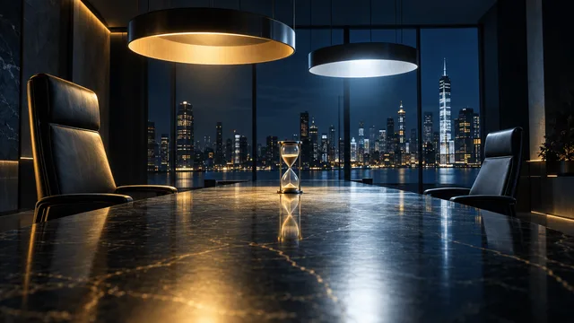 An empty boardroom at night with two unequal chairs facing off across a dark table, lit by competing light fixtures, an hourglass at the center symbolizing a race against time.
